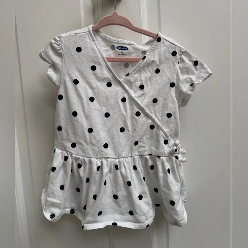 Old Navy 4T Girls White & Black Polka Dot Short Sleeve Top Blouse Shirt